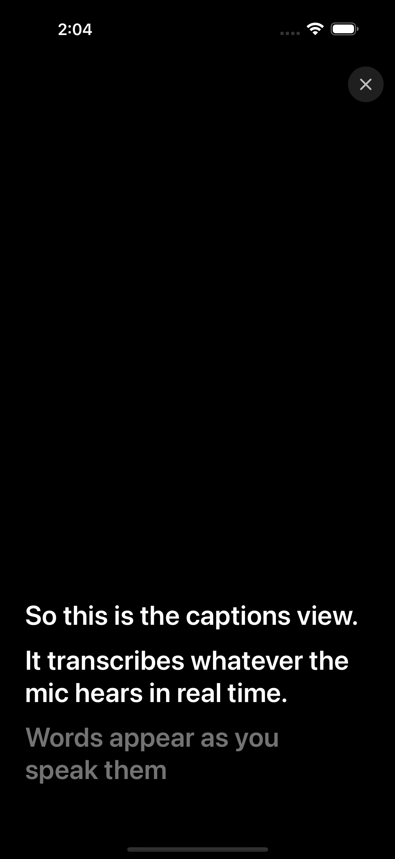 Live captions screen