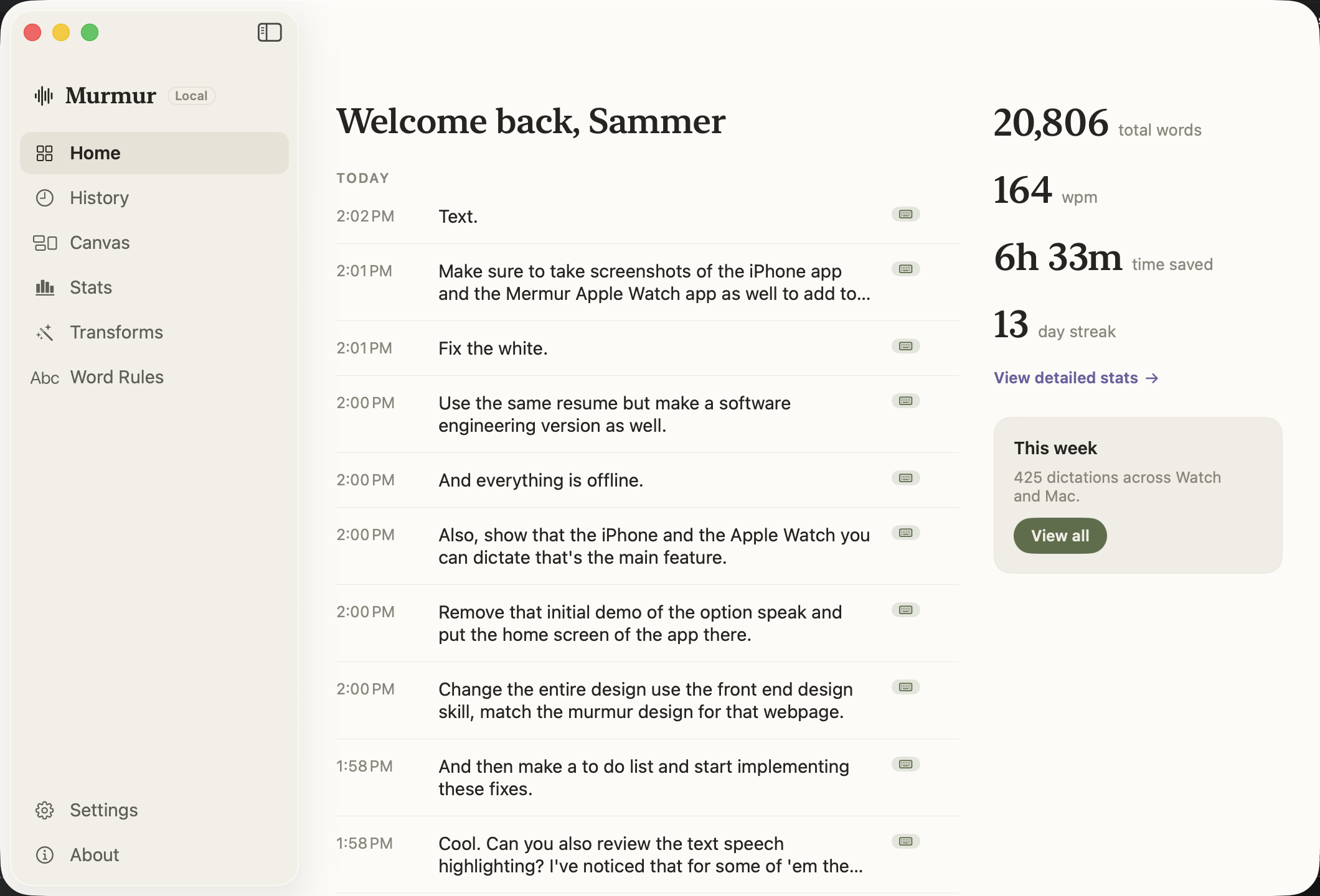 Murmur Mac dashboard