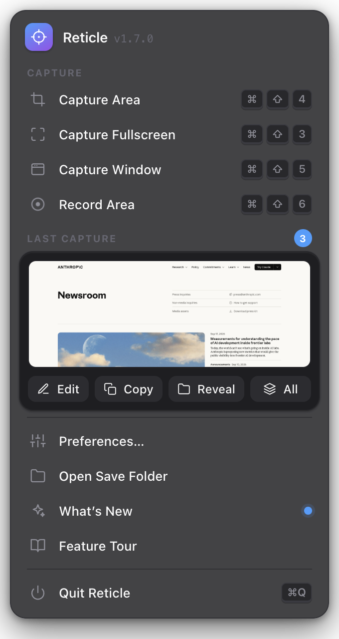 Reticle menu bar panel