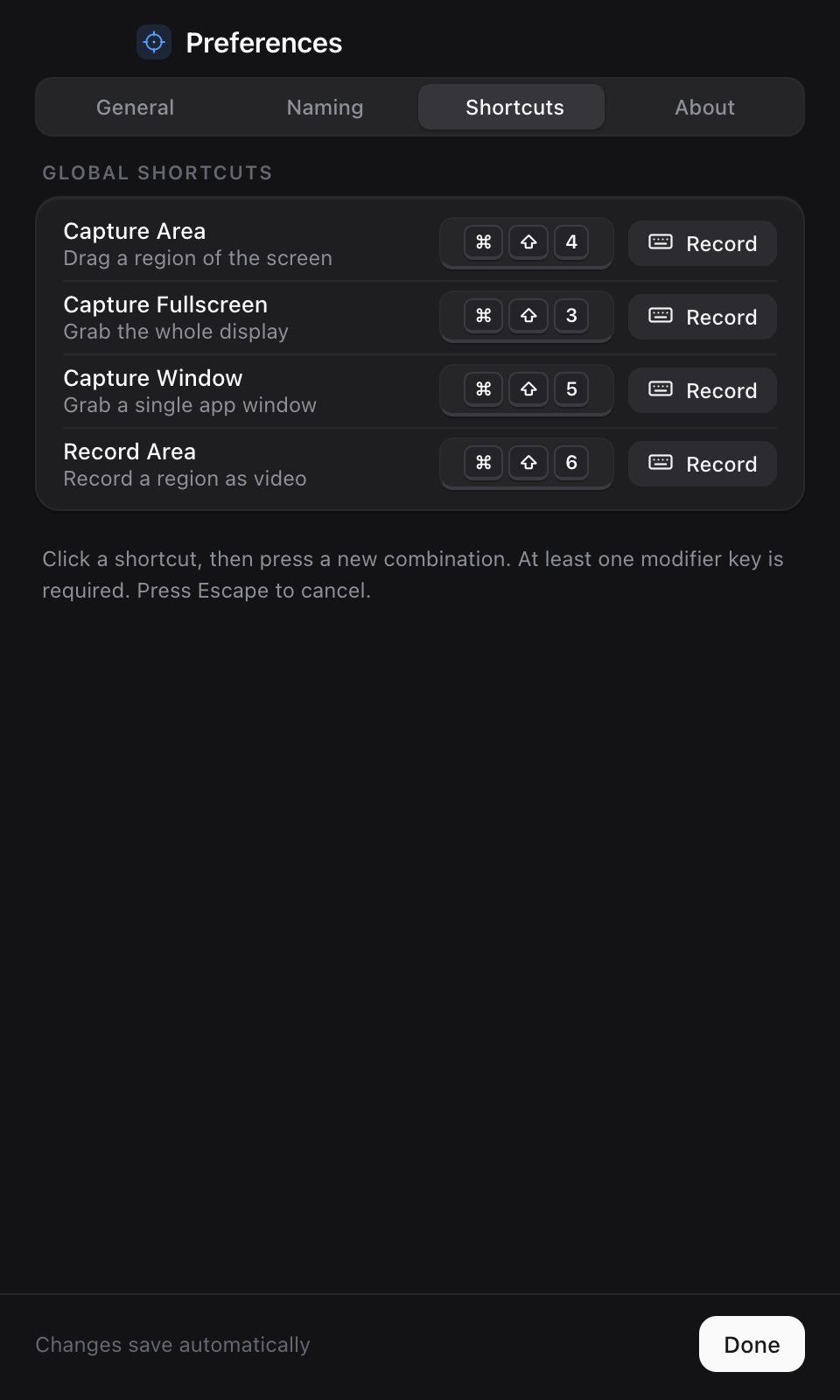 Reticle shortcut preferences with keycap controls